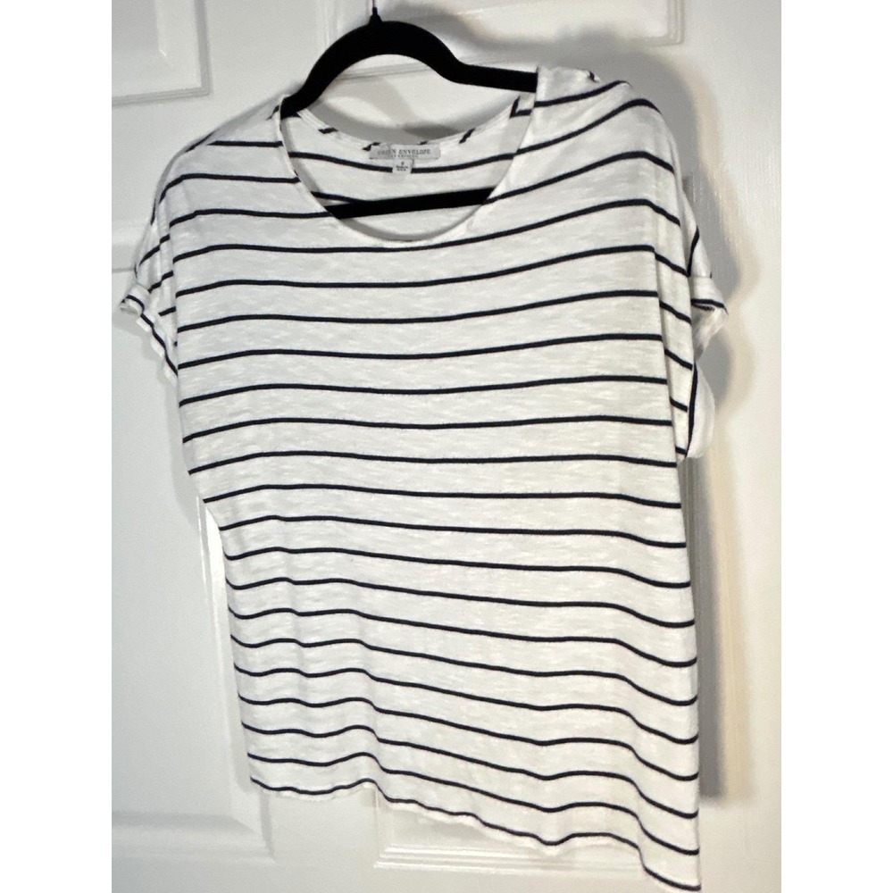 Green Envelope T-Shirt Women Small White Striped Nautical Casual Basic Top